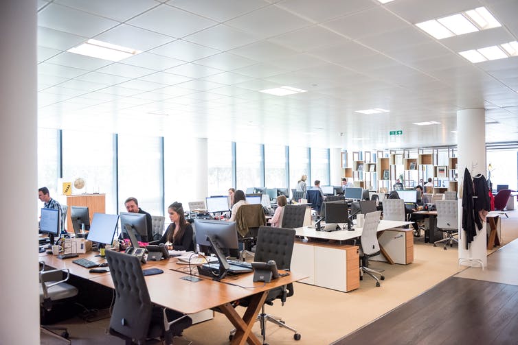 An open-plan office with workers at tables and in cubicles