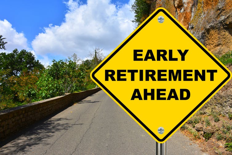 Mountain road with a sign saying 'Early Retirement Ahead'