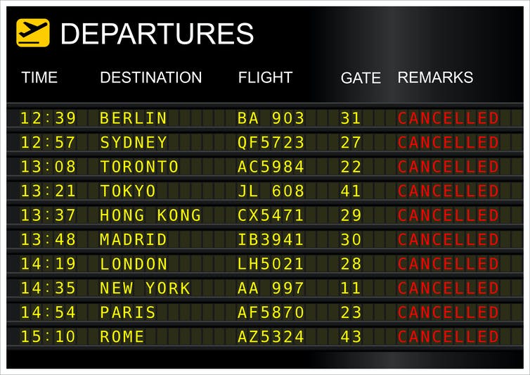 Airport departures board showing cancelled flights